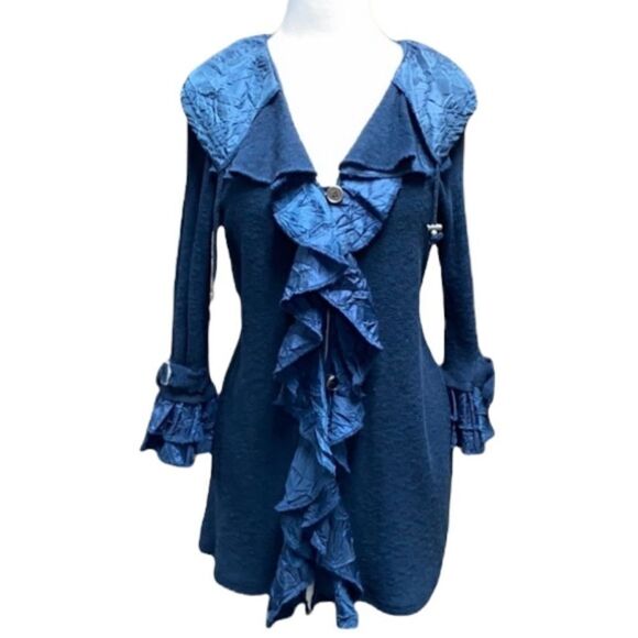 Puli Navy 3/4 Sleeve Ruffle Front Sweater Cardigan - Picture 1 of 8